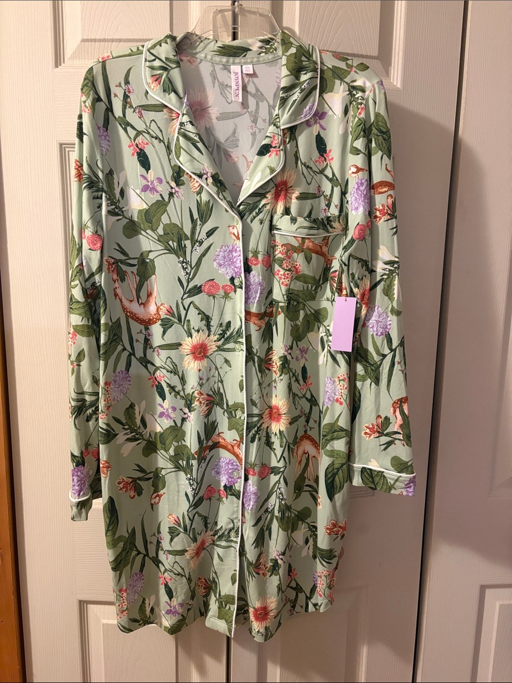 Joyspun Botanical Print Long-Sleeve Pajama Top/Nightgown in Sage Green NWT